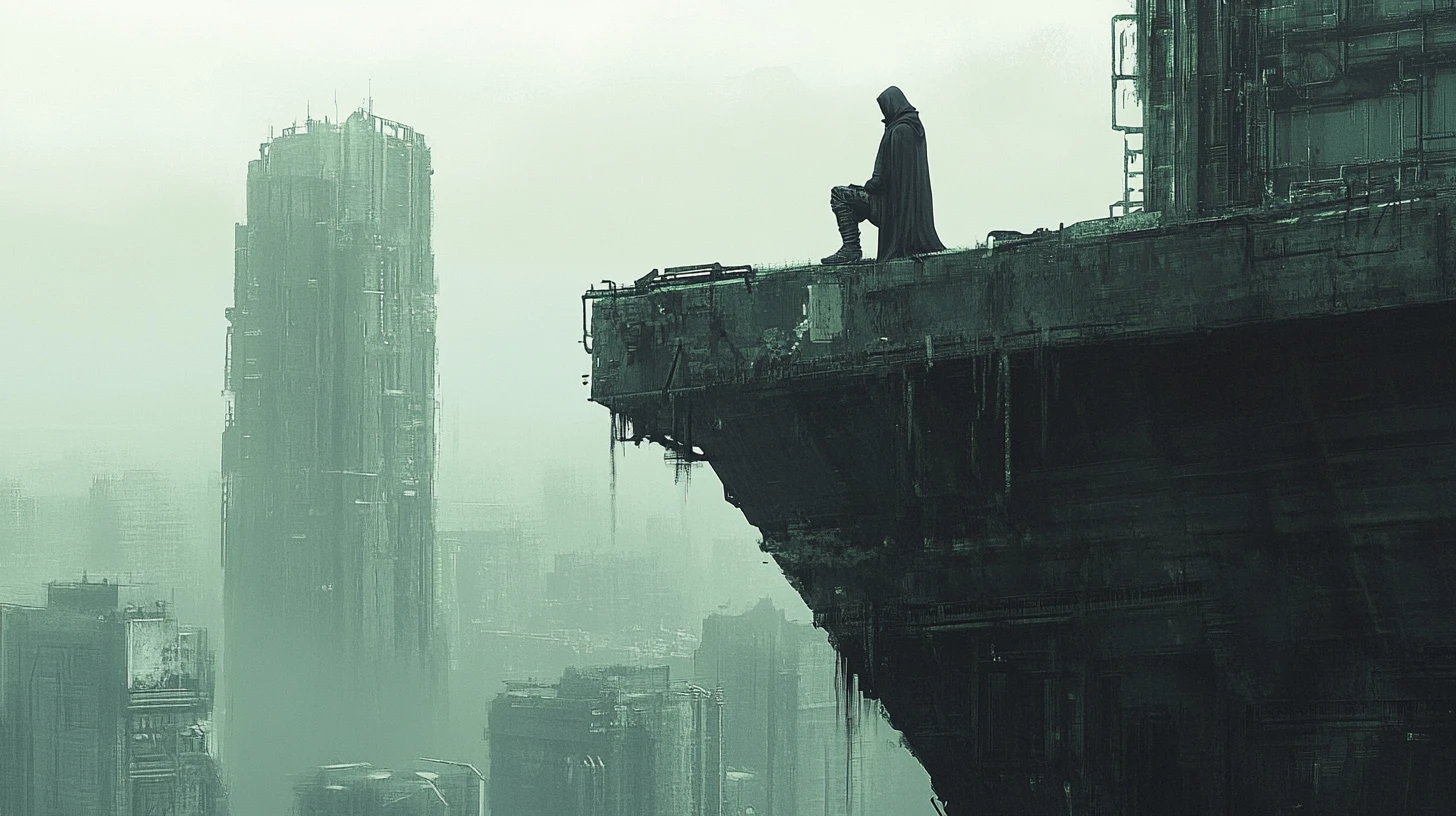 Vigilante mascherato che osserva un’immensa città industriale