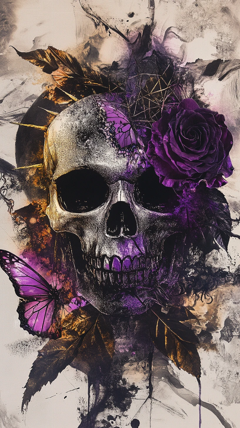 Colagem surreal de caveira com máscara de borboleta e rosas escuras