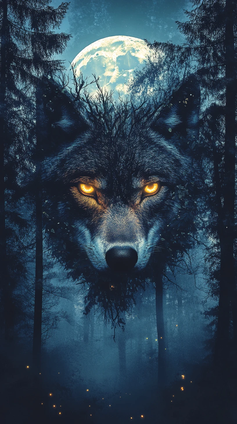 Retrato Surreal de Lobo na Floresta sob a Lua Cheia Brilhante