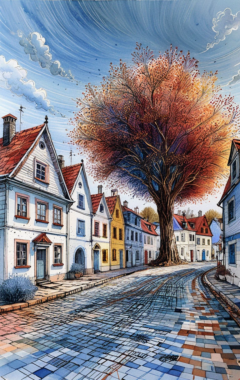 Calle colorida de pueblo con árbol de otoño en arte lineal