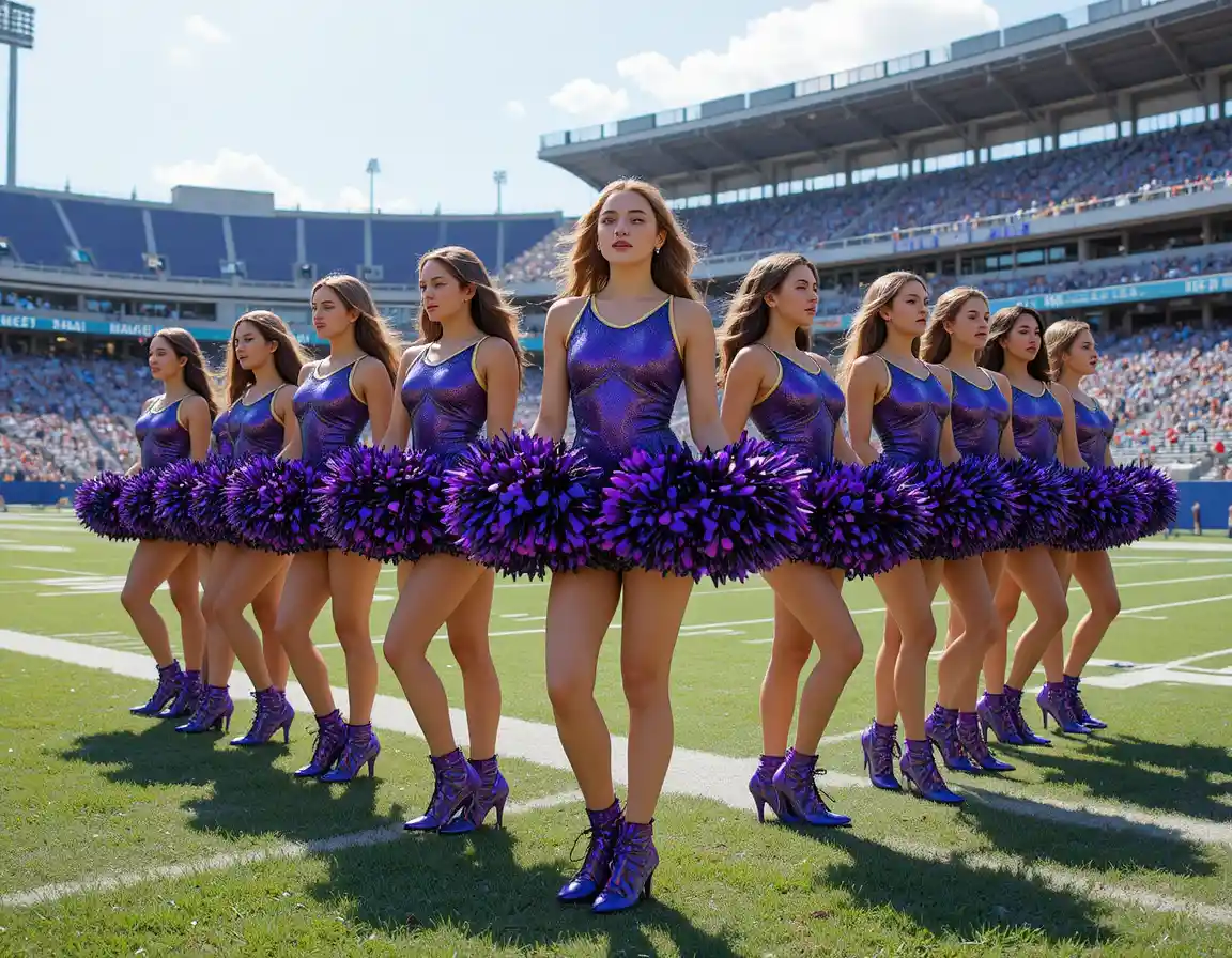 Cheerleader team performing routine on sunny stadium field