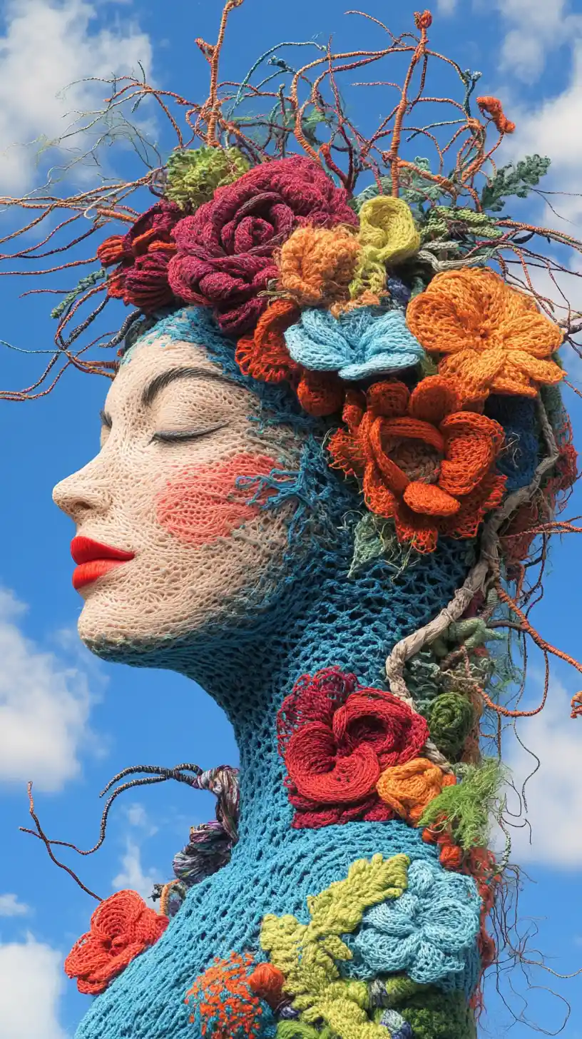 Surreal knitted female profile with floral lace details