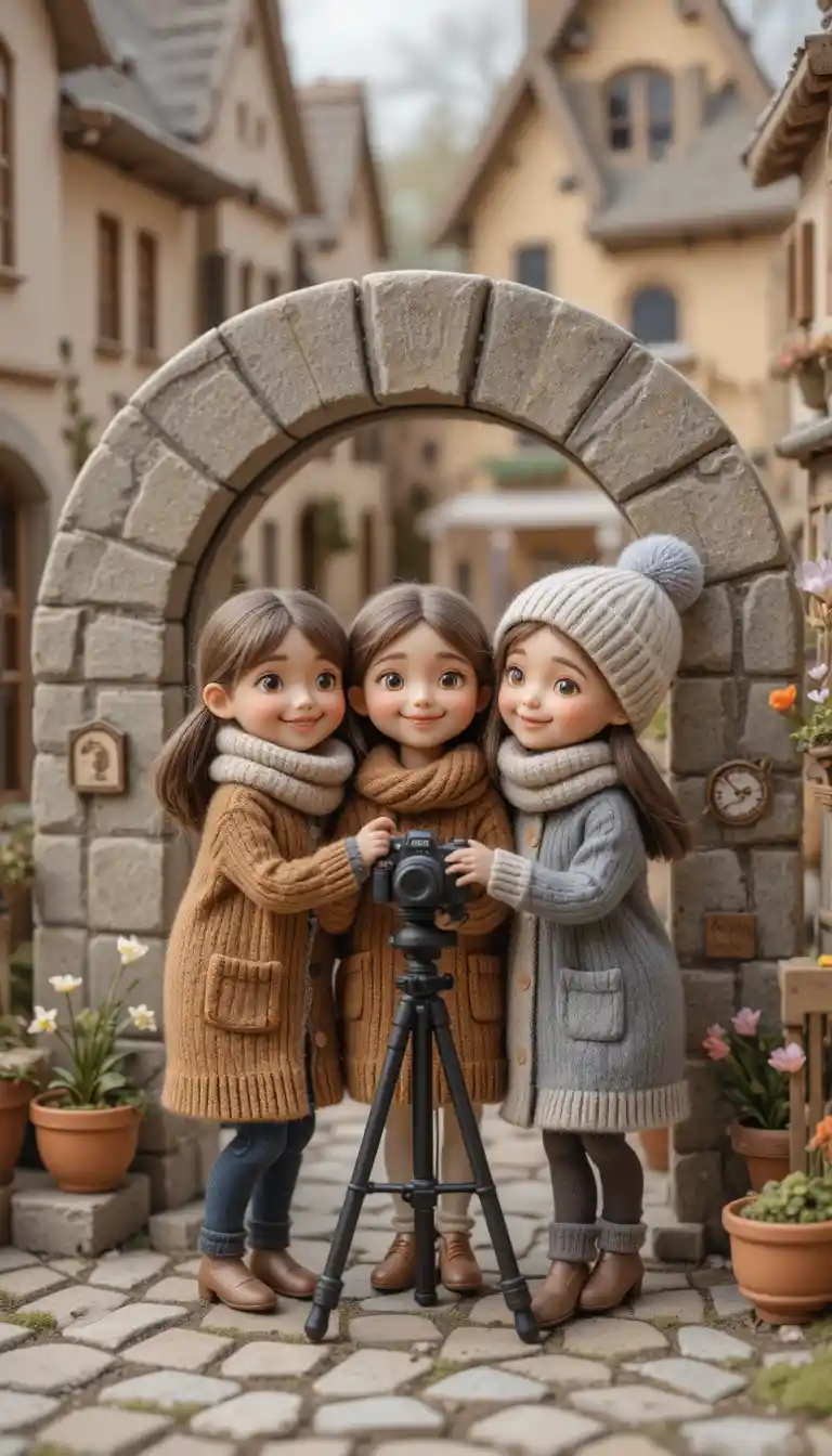 Cheerful friends posing in a handmade village street scene