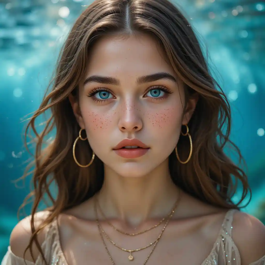 Portrait d’une jeune femme aux yeux bleus sur fond aquatique