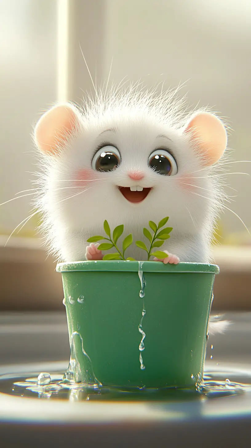 Süße Cartoon-Maus im grünen Topf mit Wasserpfütze