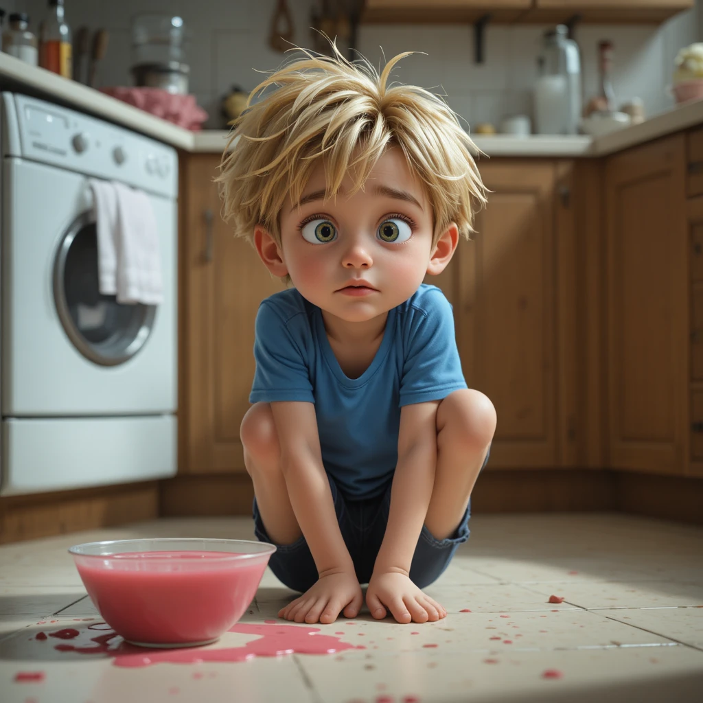 Sad young boy sitting on a kitchen floor alone