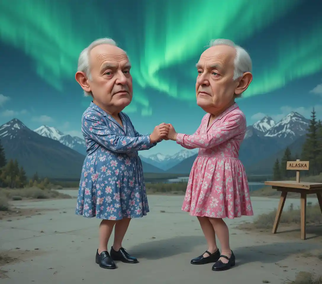 Two elderly men dancing in floral dresses under aurora