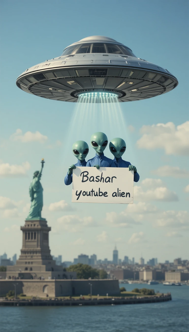 UFO With Aliens Flying Over New York Harbor Skyline