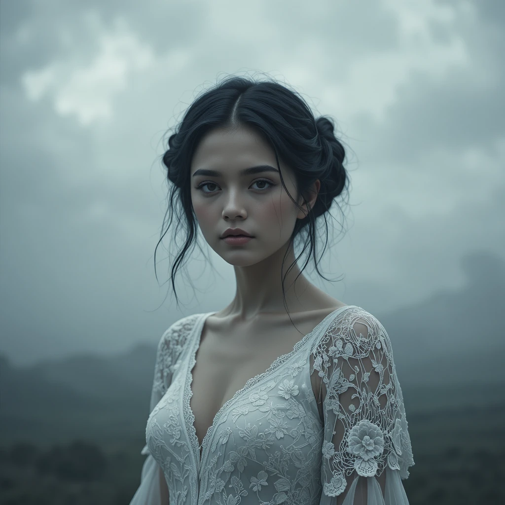 Woman in white lace before a moody overcast sky
