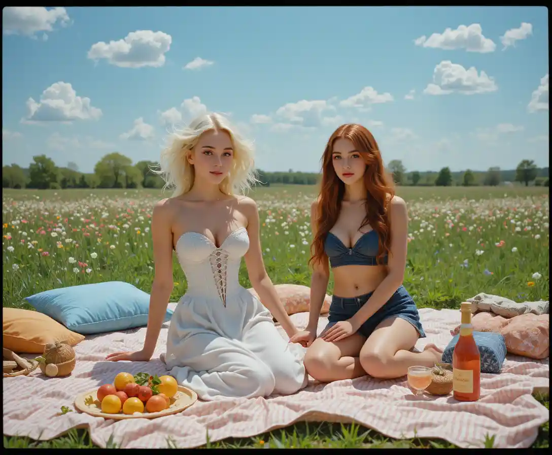 Two girls relaxing on a picnic blanket in a sunny meadow