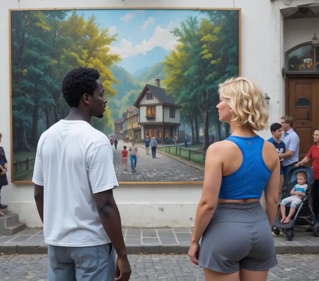 Hombres contemplando una colorida pintura de bosque en una concurrida calle de la ciudad
