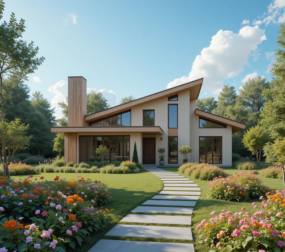 Modernes beiges Haus mit Garten unter blauem Himmel