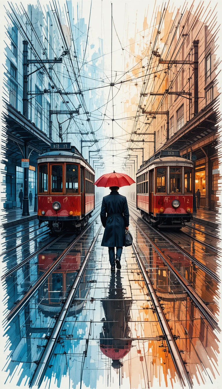 Silhouette solitaire au parapluie rouge entre tramways vintage