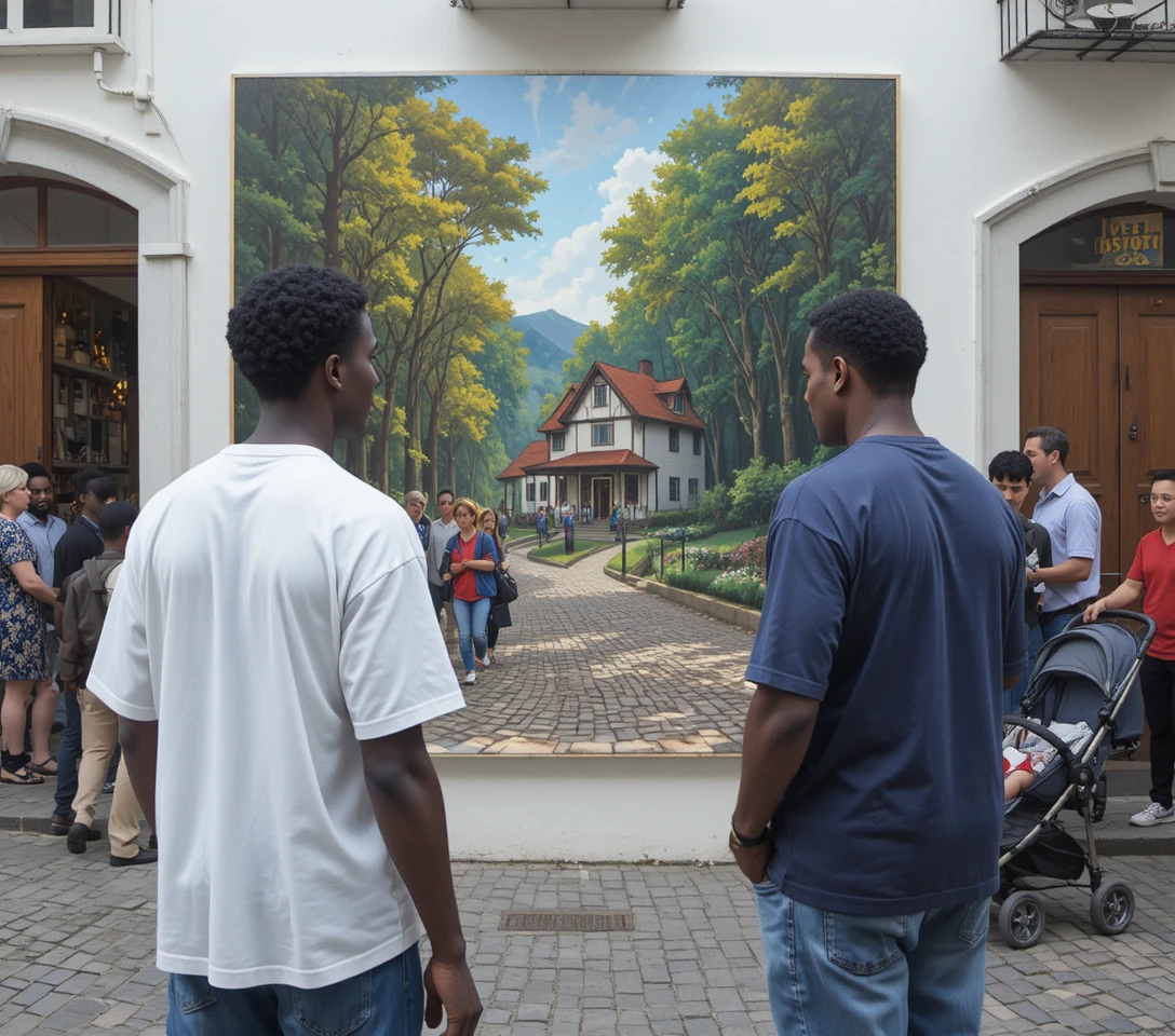 Zwei Männer betrachten ein farbenfrohes Waldgemälde in einer Stadtstraße