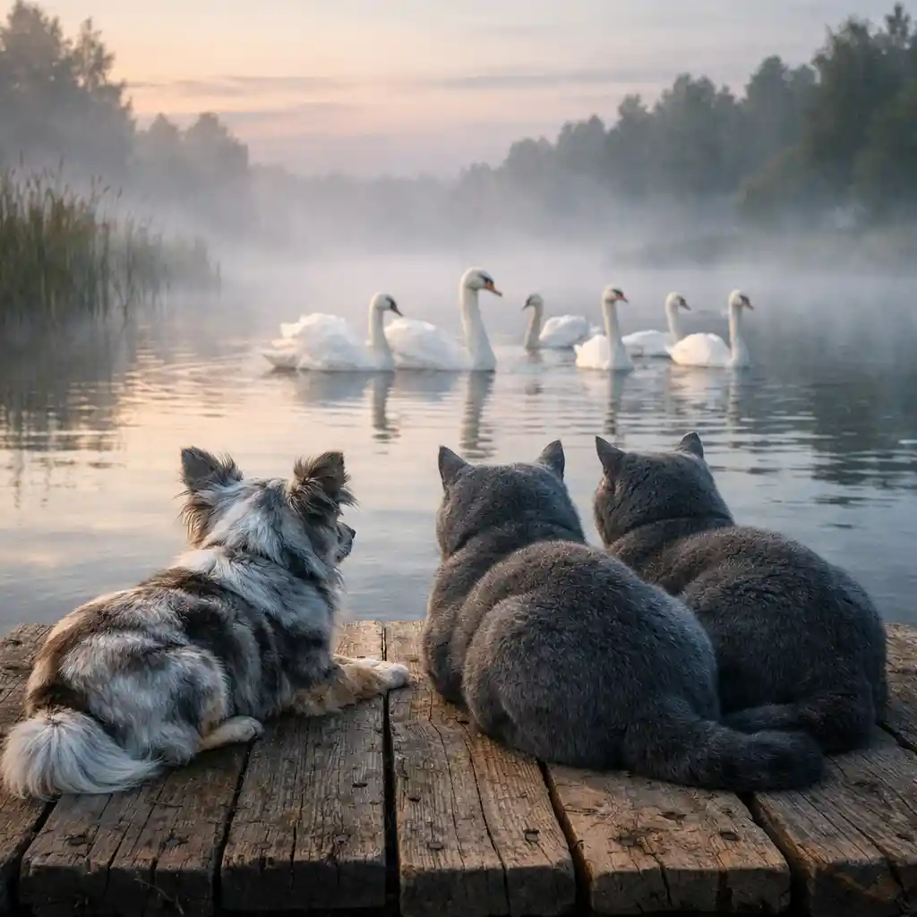 Chihuahua und Katzen ruhen auf einem See-Steg im Morgengrauen