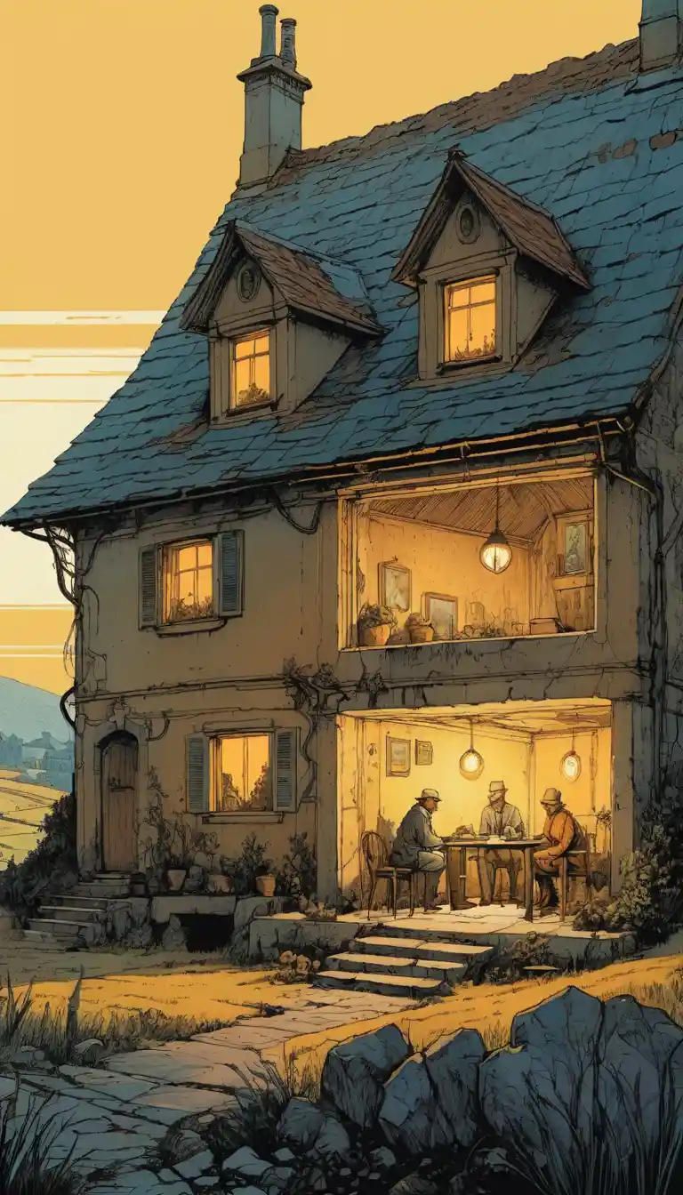 Ländliches Fantasy-Häuschen mit Fenster im gedämpften Lampenlicht
