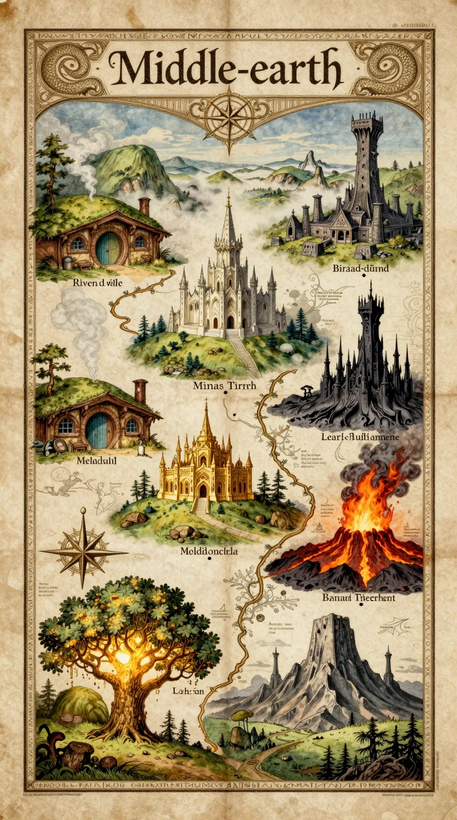 Mapa de fantasía vintage dibujado a mano sobre pergamino envejecido