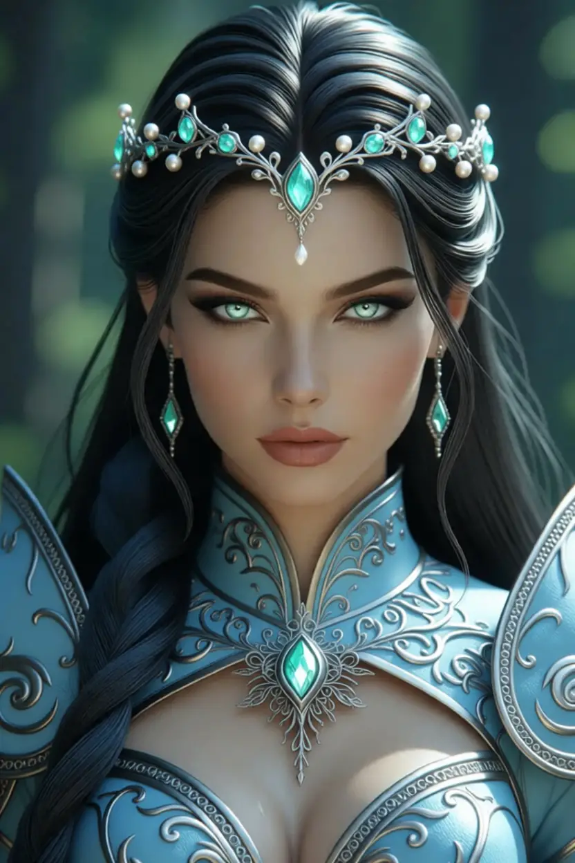 Armatura in pelle azzurro pallido con diadema d’argento e perle