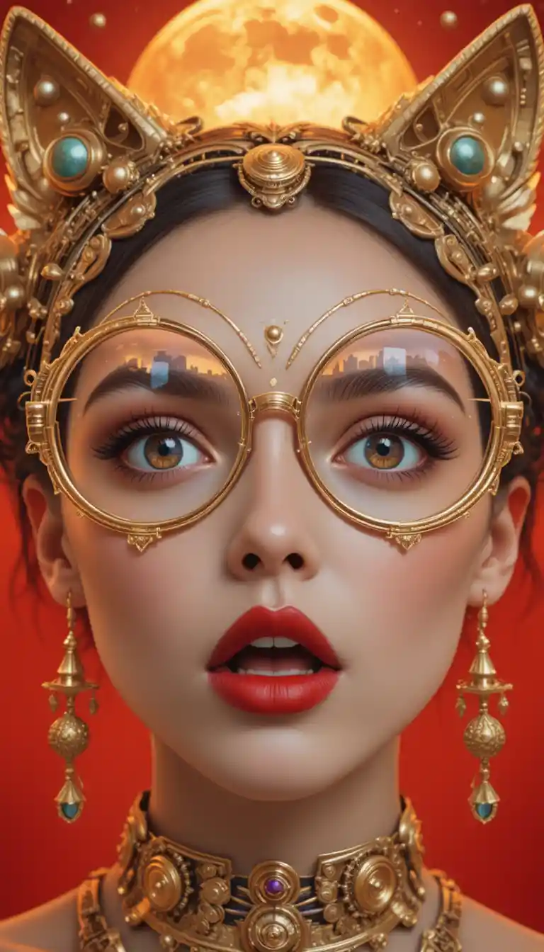 Giovane donna sorpresa con copricapo steampunk dorato a forma di gatto