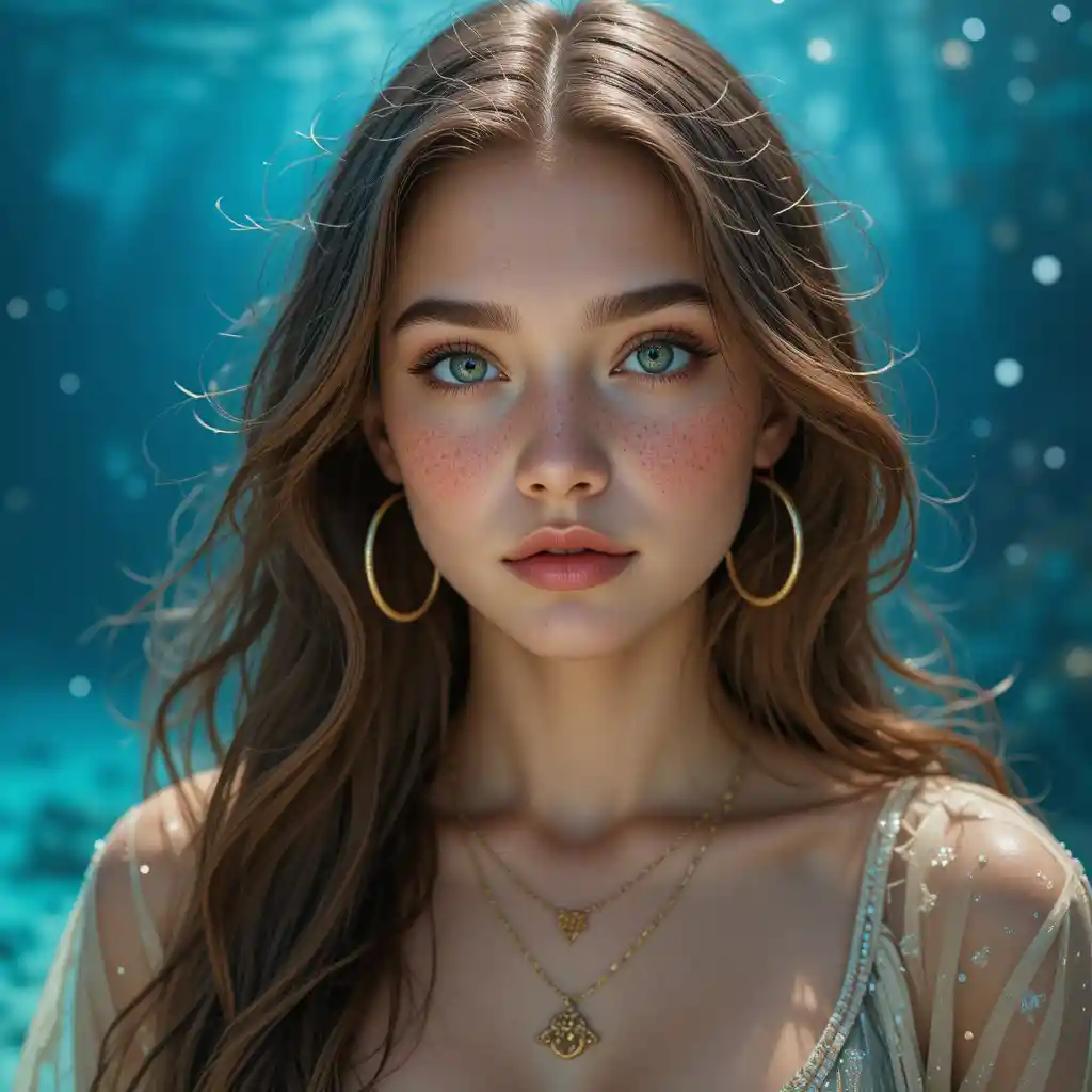 Portrait d’une jeune femme aux yeux bleus et aux bijoux dorés