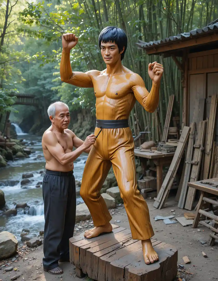 Elderly craftsman carving wooden martial artist by the river