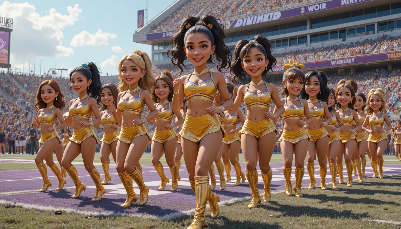 Cheerleader-Team in goldenen Uniformen auf dem Stadionfeld