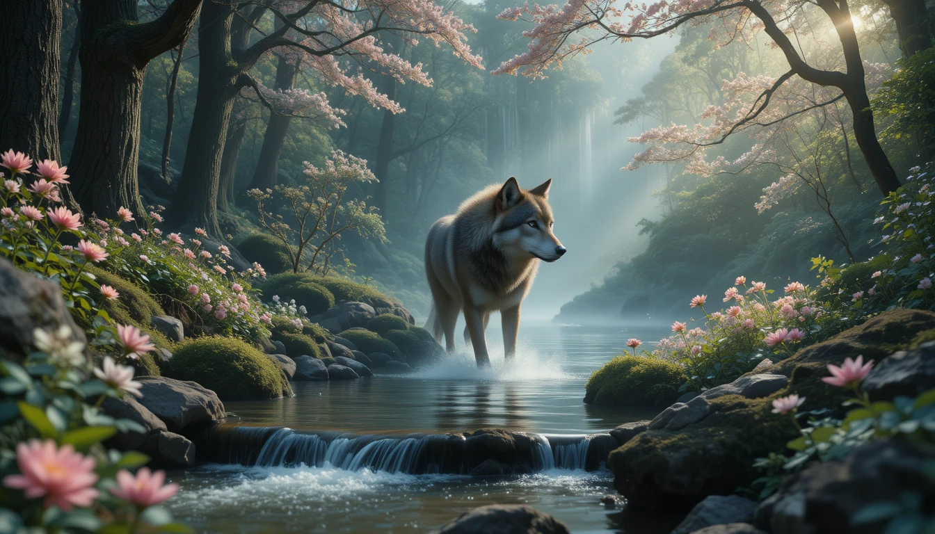 Lobo Emergindo da Floresta com Cachoeira e Flores