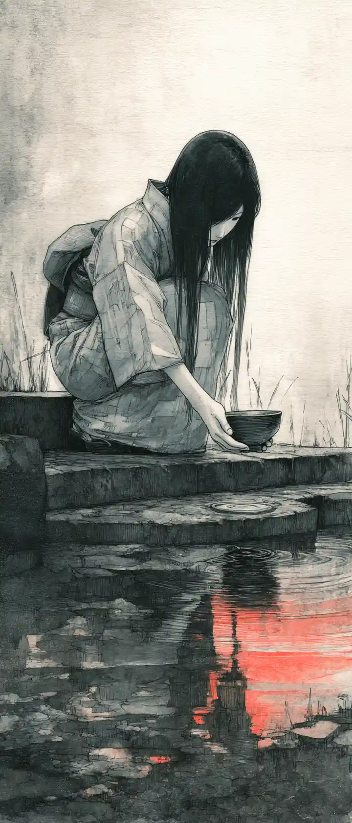 Young woman kneeling at twilight shrine steps with teacup