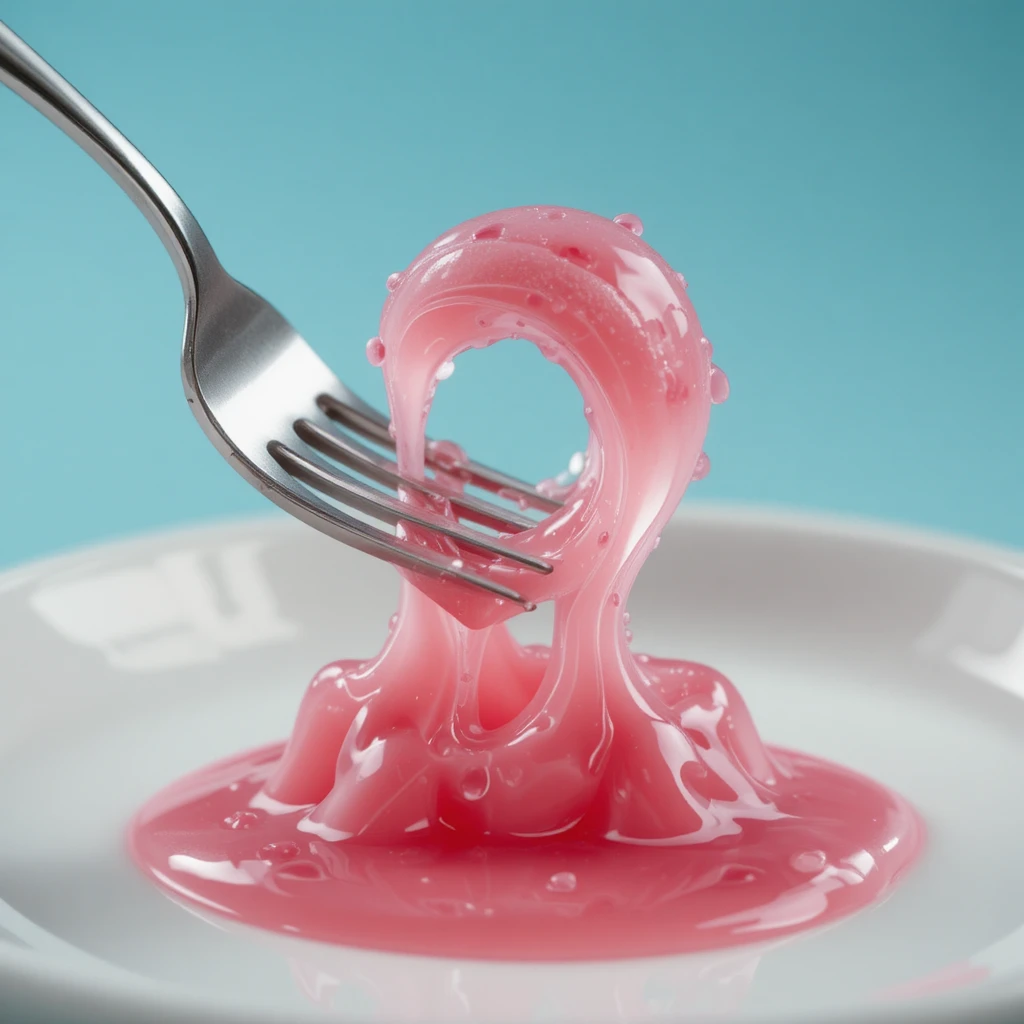 Garfo perseguindo gelatina rosa tremendo em um prato branco limpo