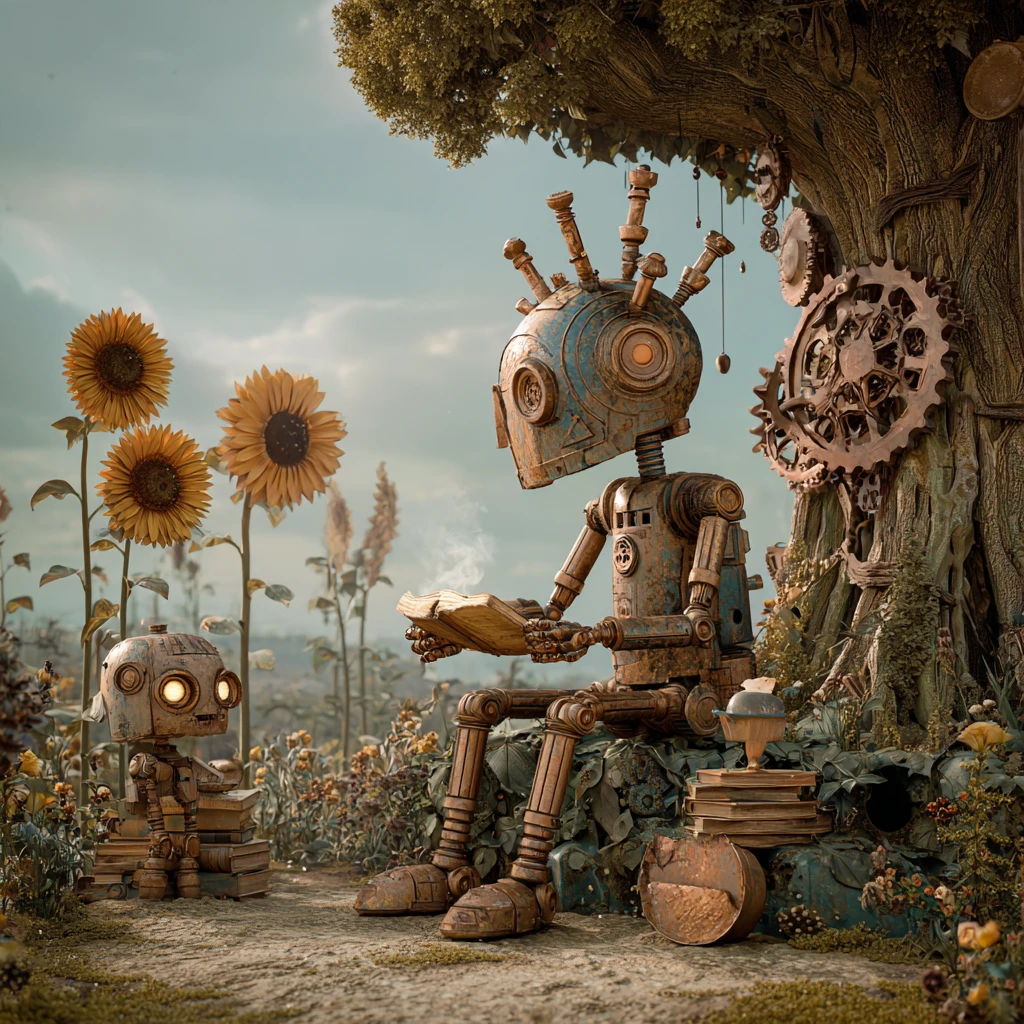Tierno robot steampunk leyendo bajo un árbol mecánico