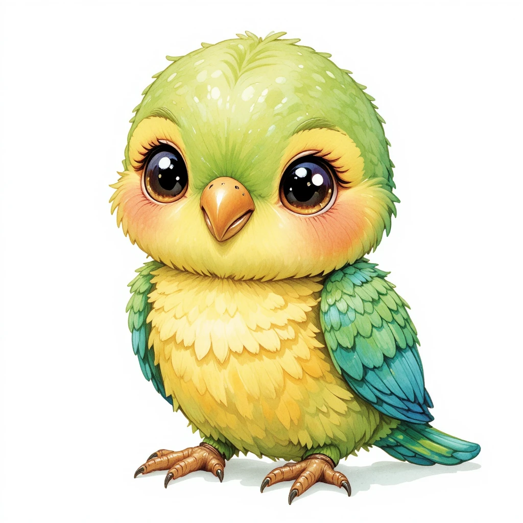 Adorável papagaio em aquarela com penas verdes e azul-petróleo