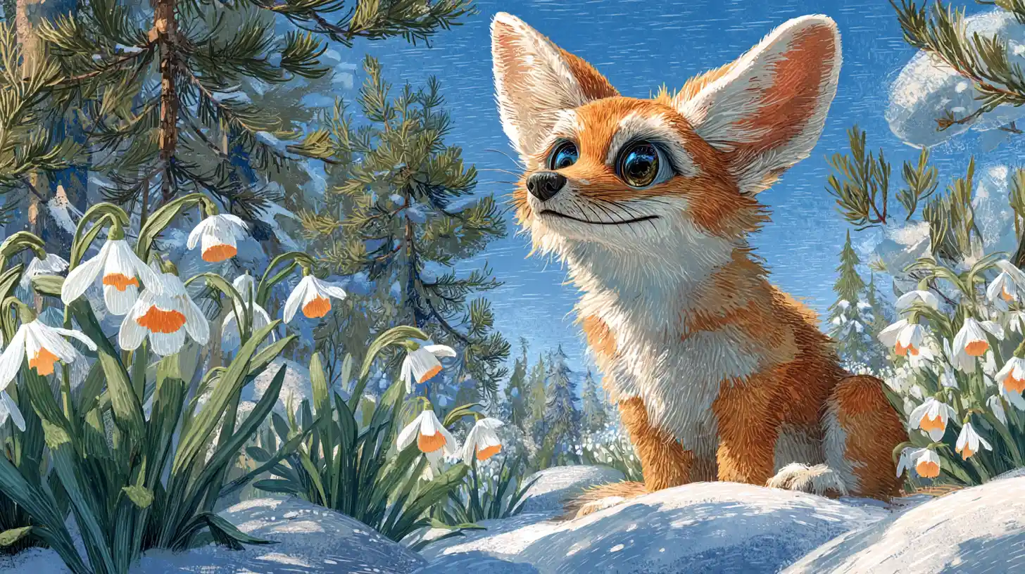 Raposa‑feneco alegre com binóculos em uma floresta nevada