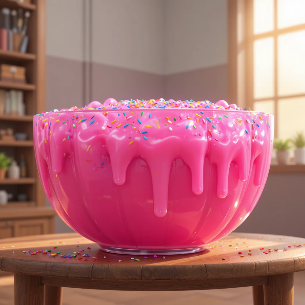 Gigante sobremesa de gelatina rosa em uma tigela sobre mesa de madeira