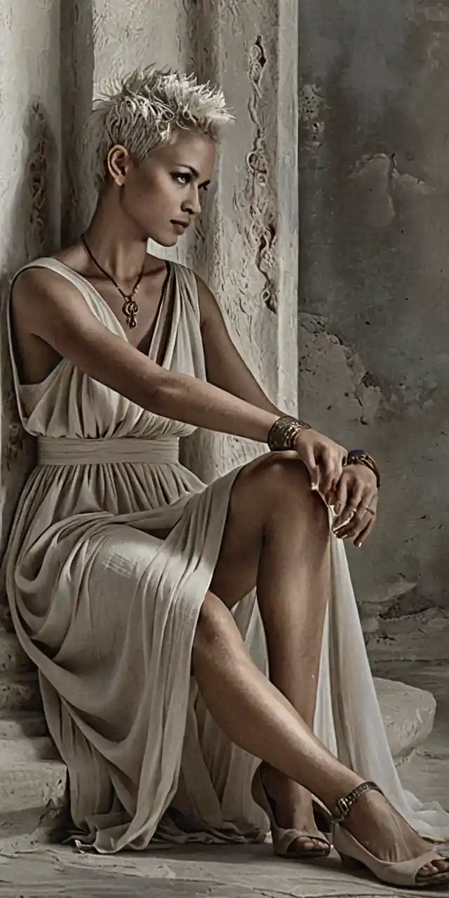 Elegant woman in draped dress seated on weathered stone steps