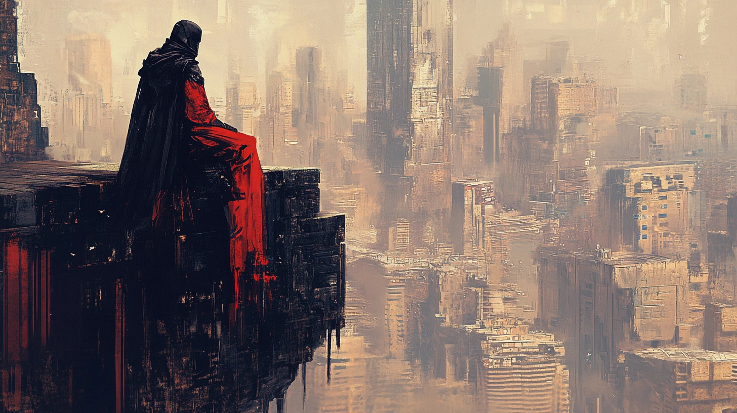 Vigilante mascarado em penhasco sobre cidade industrial sombria