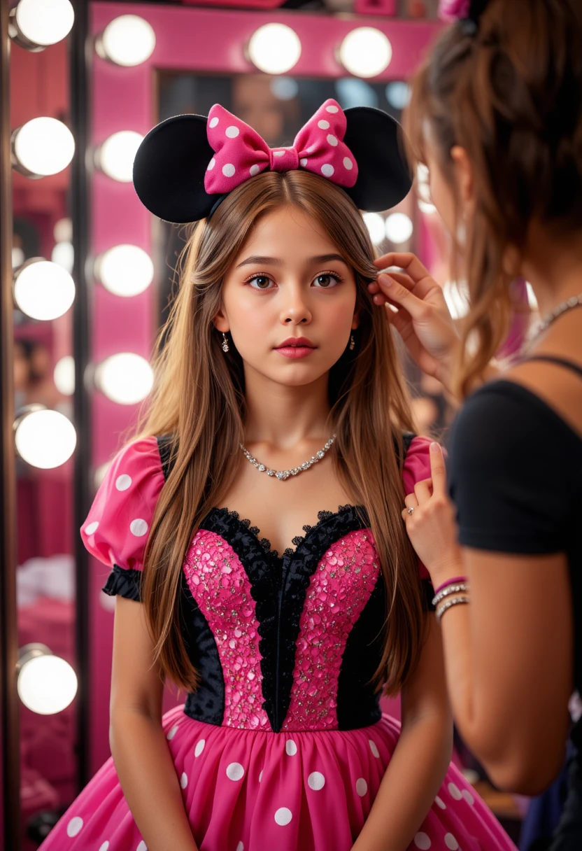 Menino usando vestido da Minnie fazendo maquiagem no fundo de uma boutique