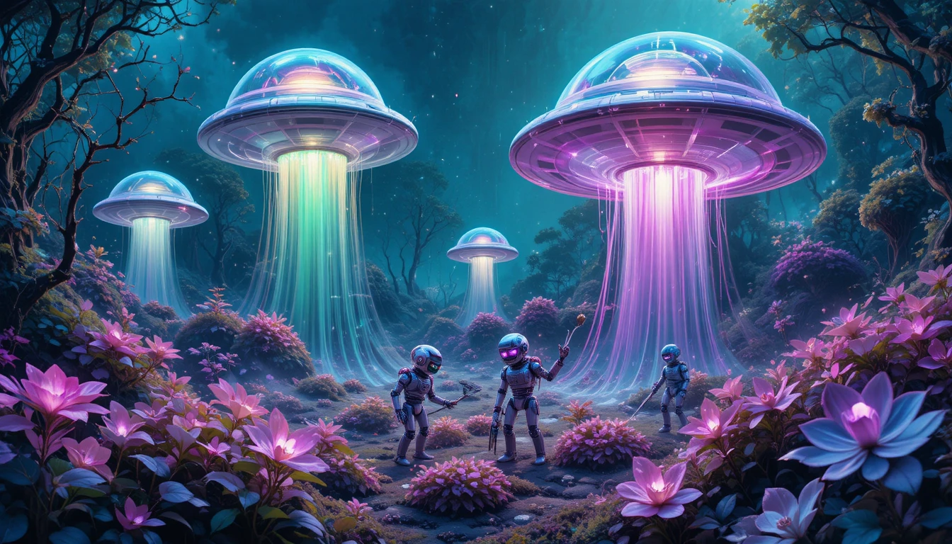 Jardim Futurista Fantasioso com Robôs e Discos Voadores