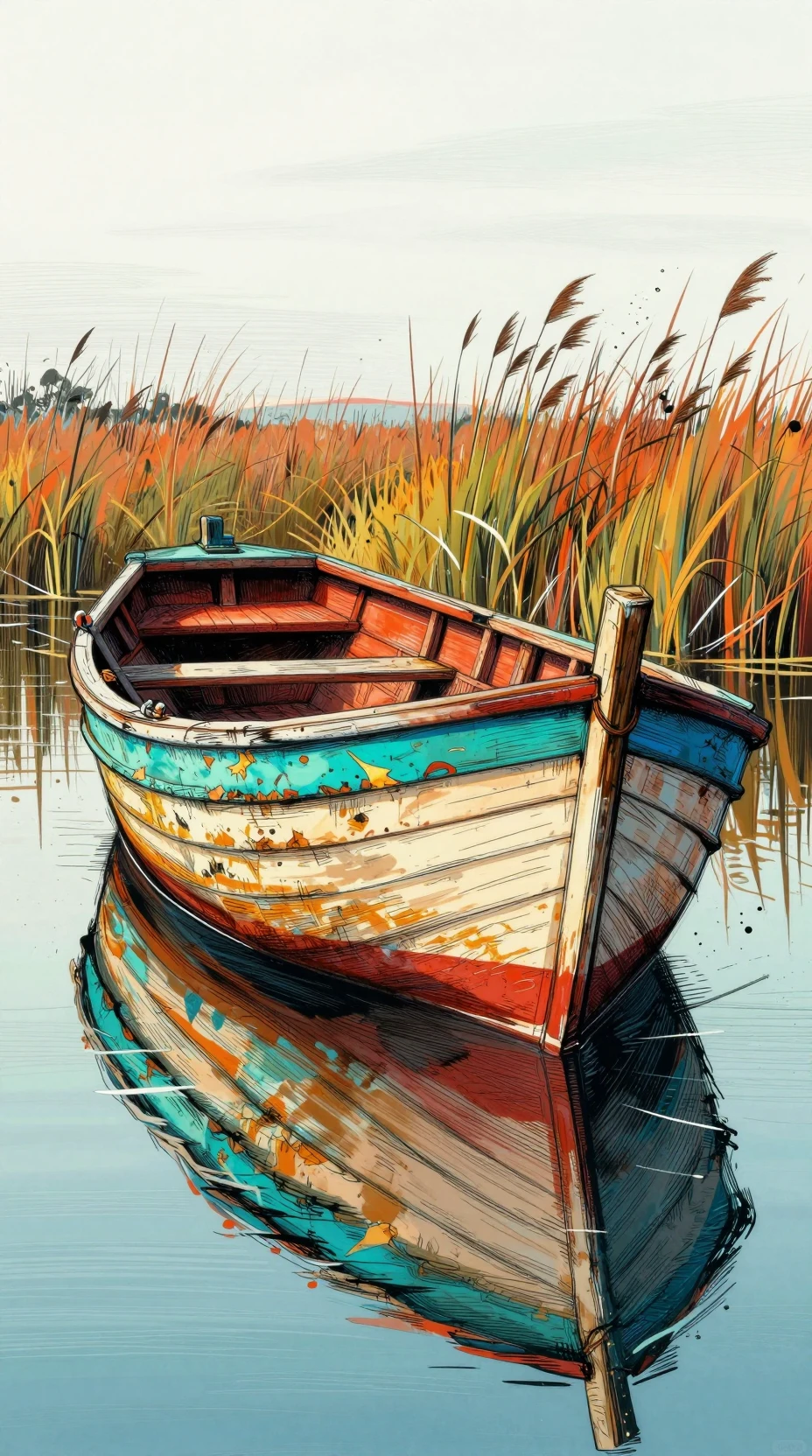 Barco de pesca em linha expressiva com casco colorido e envelhecido