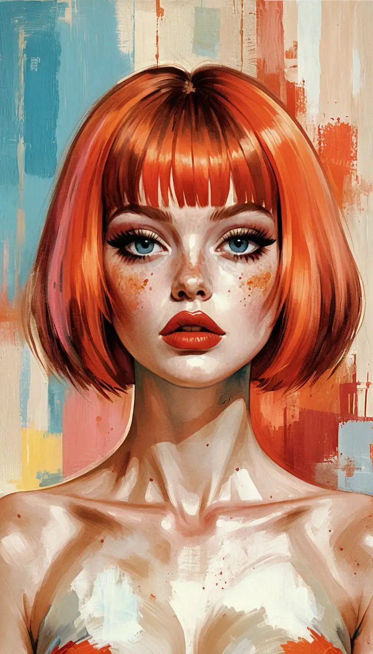 Retrato pop art de garota com cabelo chanel vermelho vibrante