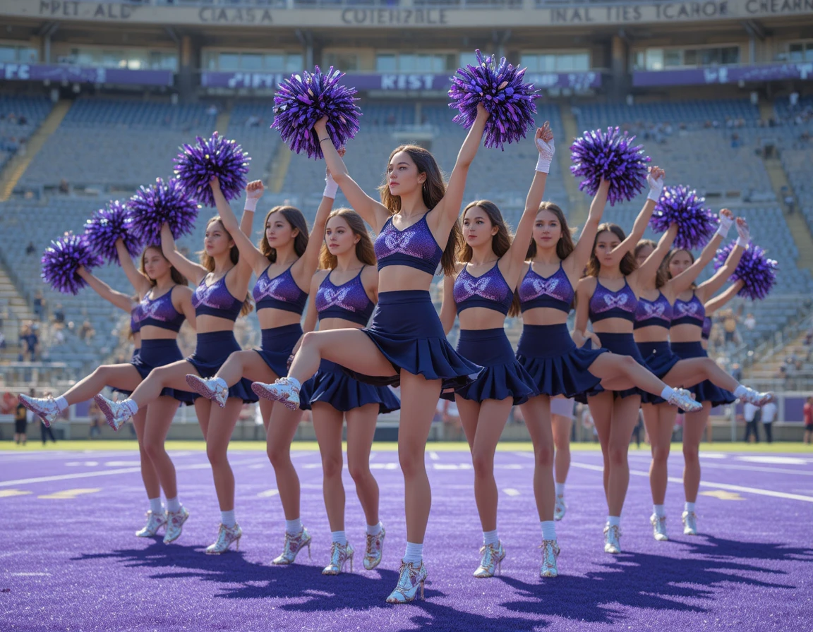 Cheerleader team kicking in golden and purple uniforms