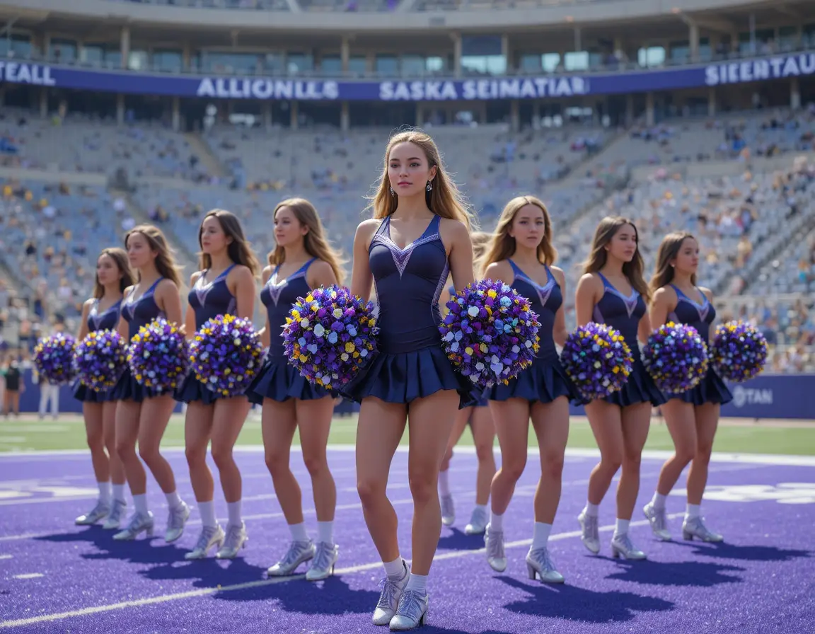 Cheerleader-Team führt Routine auf sonnigem Stadionfeld auf