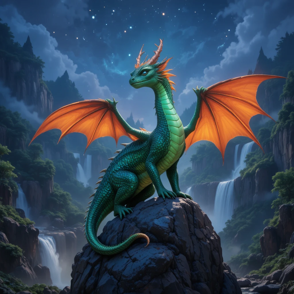 Dragon émeraude reposant sur un rocher sous le ciel nocturne