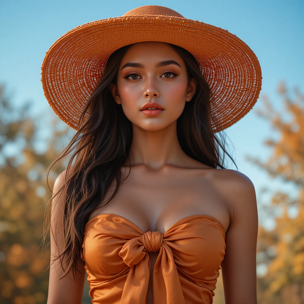 Elegante donna con bustier arancione e ampio cappello da sole