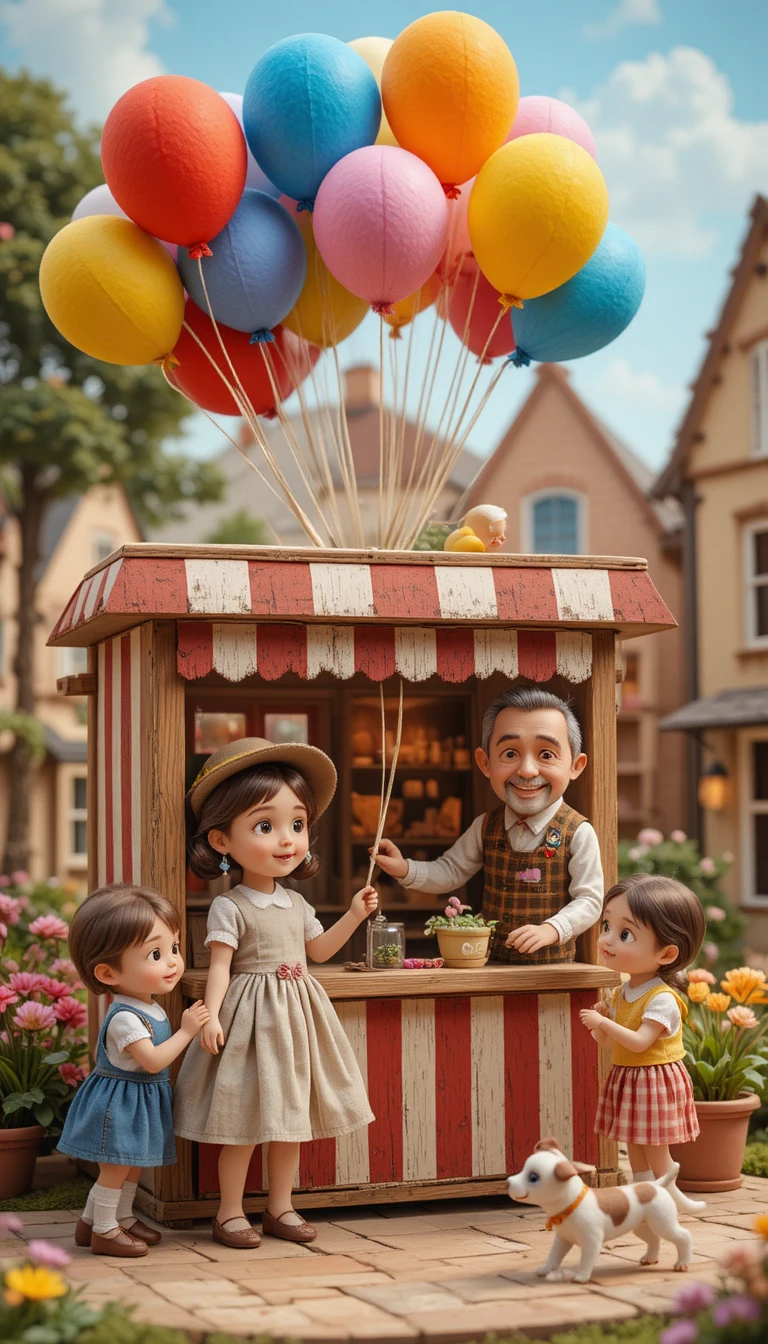 Fillette de dessin animé achetant un ballon sur une chaleureuse place de ville-jouet