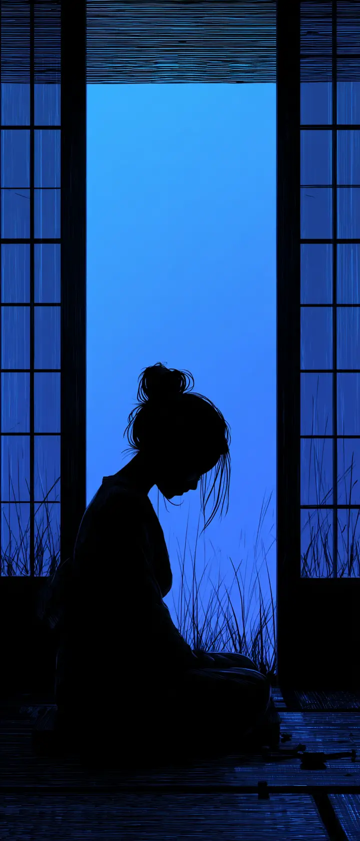 月光灑落的和室中靜坐沉思的少女