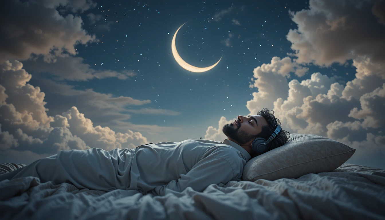 Uomo musulmano che dorme a letto sotto un cielo notturno da sogno