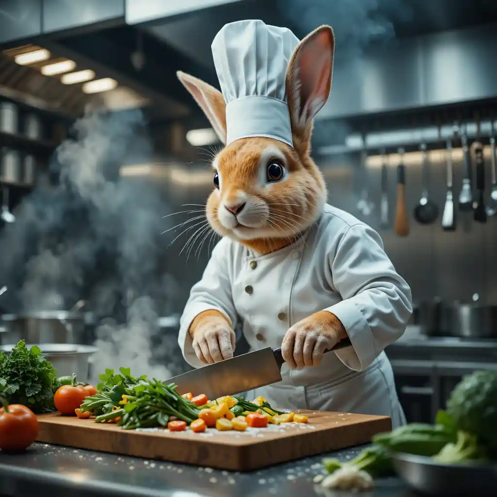 Conejo chef antropomórfico cortando verduras en cocina de acero inoxidable
