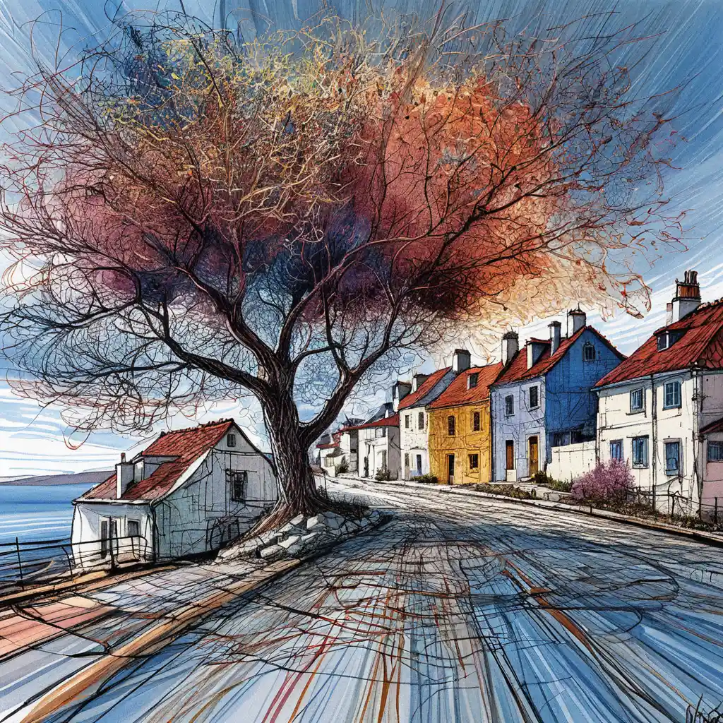 Colorful European village street with vibrant autumn tree