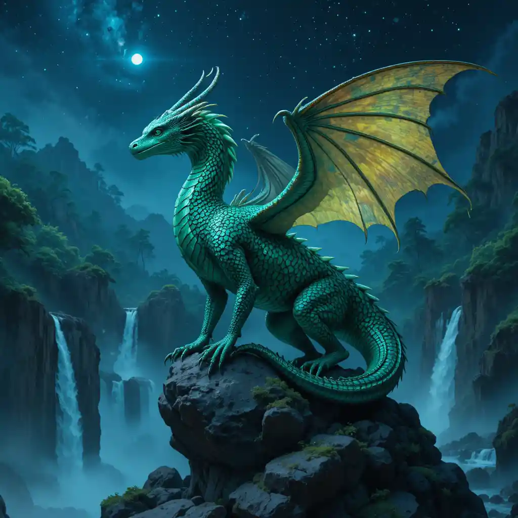 Dragon émeraude perché sur un rocher sous le ciel nocturne