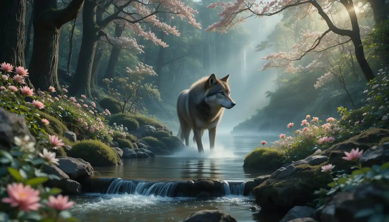 Lobo Emergindo da Floresta com Cachoeira e Flores